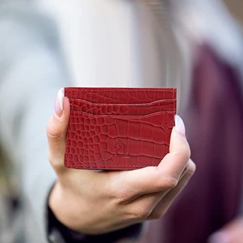 Image of KARA Unisex Embossed Leather Card Holder Red Slim Credit /Debit Cardholder - ATM Card Cover Case wtih 5 Card Holder Slots