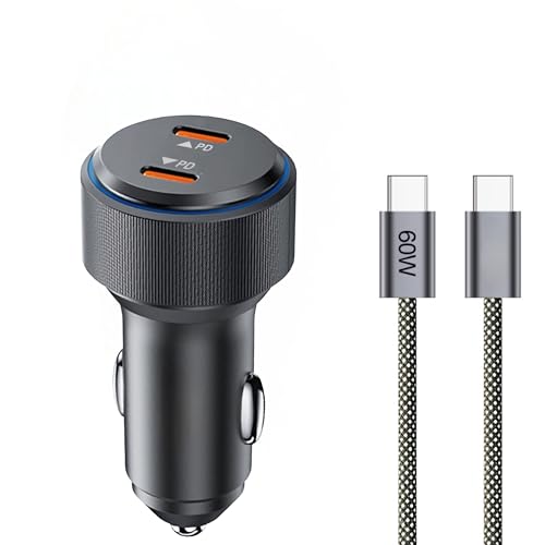 Carregador Veicular 60W Turbo com Cabo USB-C – Duas Entradas USB-C, Carregamento Ultra Rápido, Proteção Inteligente e LED Indicador para Celulares e Tablets