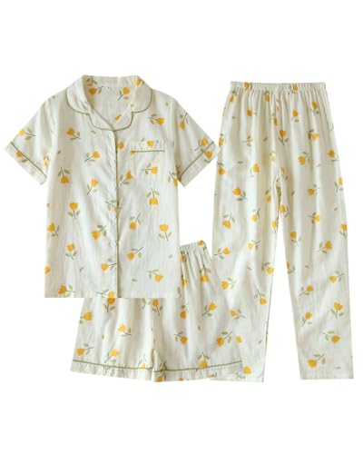 Womens 3pcs Cotton Gauze Pajama Set Short Sleeve Sleepwear Floral Print Cute Pj Set with Long Pants