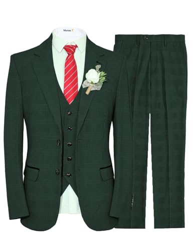 MoranX Tailored Men's Suits Slim Fit 3 Piece Checked Wool Business Jacket Wedding Blazer+Waistcoat+Trousers