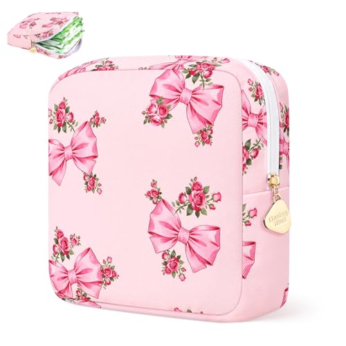Image of Sanitary Pad Storage Bag Portable Period Bag for Teen Pads /Sanitary Napkins /Small Tampons, Sanitary Napkin Storage Bag First Period Gifts for Teen Girls (Pink Rose Bowknot)