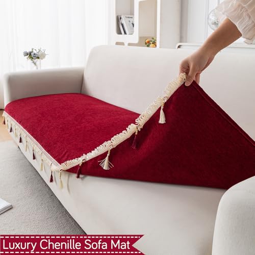 Image of HOKIPO 'Serenity Tassel' Chenille 3 Seater Sofa Cover with Tassel - Crimson Ruby (IN-892-MRN)