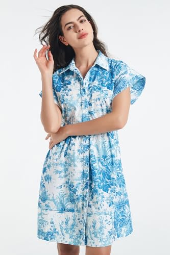 Image of D-Sun Women Button Down Shirt Dress V-Neck Floral Printed Short Sleeve Mini Dress Casual Belted Short Party with Pocket