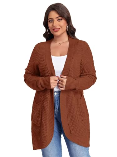 Image of LARACE Long Cardigans for Women Plus Size Tops Open Front Sweaters with Pockets Waffle Ribbed Sleeve Loose Fall Outwear