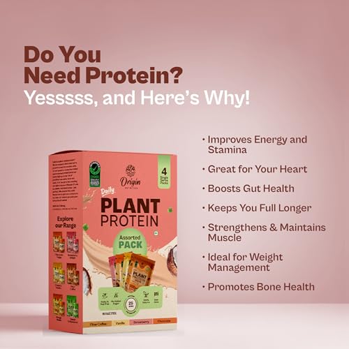 Image of Origin Nutrition 100% Natural & Clean Plant Protein, Assorted Pack (Chocolate, Strawberry, Vanilla and Filter Coffee) 160gm (40gm x 4)