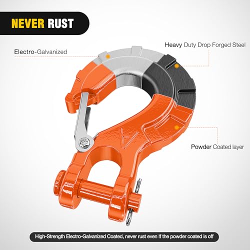 Image of Nilight 3 /8 inch Grade 70 Heavy-Duty Winch Hook with Cable Stopper - 35,000 LBS Drop-Forged Steel Clevis Hook for ATV, Jeep, Trailer Winch Recovery w /Spring Latch, Clevis Pin & Rubber Stopper, Orange