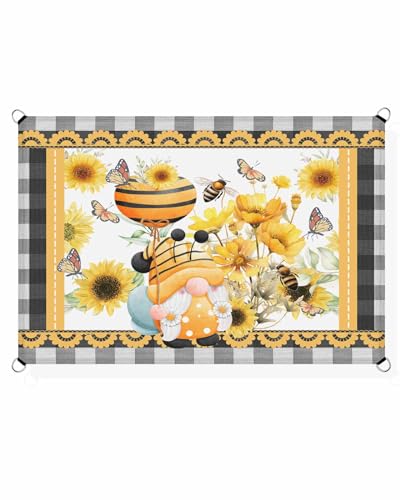Sun Shades Outdoor Patio Covers for Shade & Rain, Gnome Bee Flower Butterfly Sun Sail Shades Waterproof, Buffalo Plaid Sun Shade Sail UV Protective for Backyard/Garden/Deck/Pool 8x10 ft