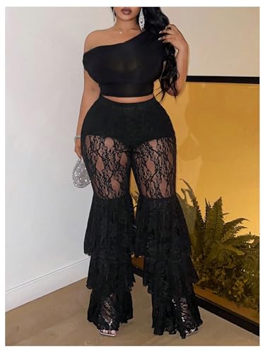 Women's Plus Size Lace Layered Ruffle Pants Sheer Mesh Tiered Party Skinny Leggings Rave Trousers4