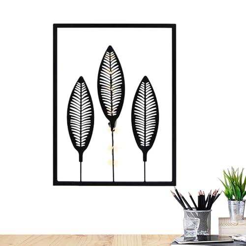 Art mural moderne feuilles à éclairage LED intégré cadre noir rigide