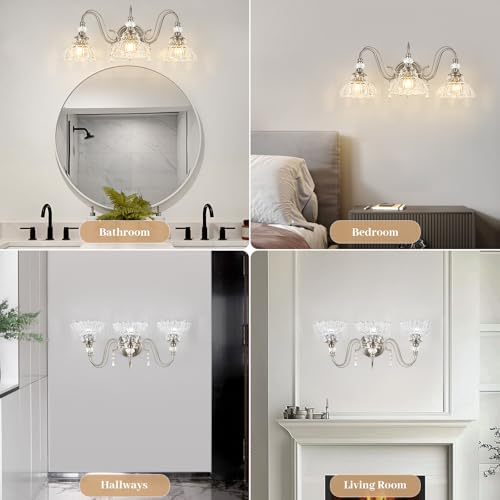 Image of Brushed Nickel Bathroom Vanity Light, 3-Light Nickel Finish Wall Sconce with Hanging Crystal Accents and Flower-Shaped Clear Glass Shades, Modern Wall Mount Vanity Light Over Mirror for Bathroom