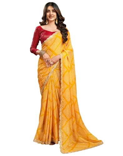 Image of SIRIL Women's Chiffon Bandhani Printed Saree With Unstitched Blouse Piece