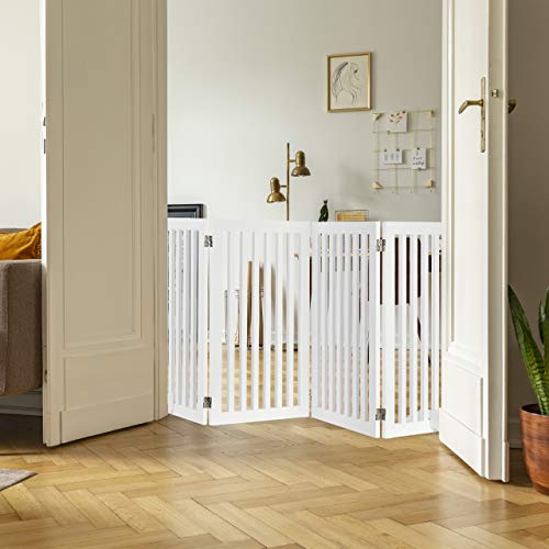 Relaxdays Absperrgitter, HxB: 91,5 x 204,5 cm, 4 Panel, faltbar, mit Füßen, verstellbares Hunde Schutzgitter, MDF, weiß