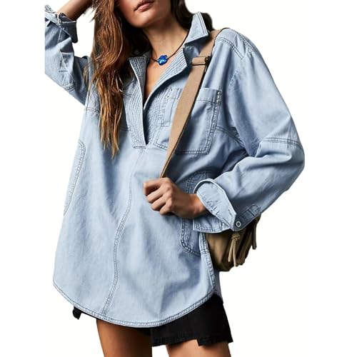 Women Denim Tops Pullover Long Sleeve V Neck Blouse Solid Denim Jacket with Pockets