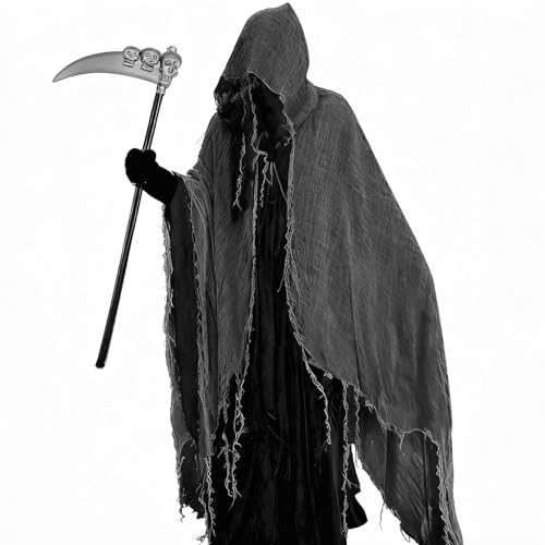 YGVQN Cape fantasma Halloween com capuz, disfarce de ceifeiro adulto assustador, fantasia de terror de Halloween para homens e mulheres, traje de capa zombie para cosplay, carnaval, festas de