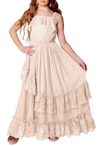 MITILLY Girls Boho Lace Flower Dresses Spaghetti Strap A-Line Ruffle Tiered Flowy Wedding Party Maxi Dress with Pockets