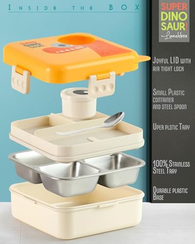 Image of PRIME DEALS BPA-Free Leak-Resistant Stainless Steel Insulated Tiffin for School with Spoon Dinosaur Lunch Box for Kids Bento Box with Tray & Container | 1120ml + 70ml (Yellow, Dinosaur)