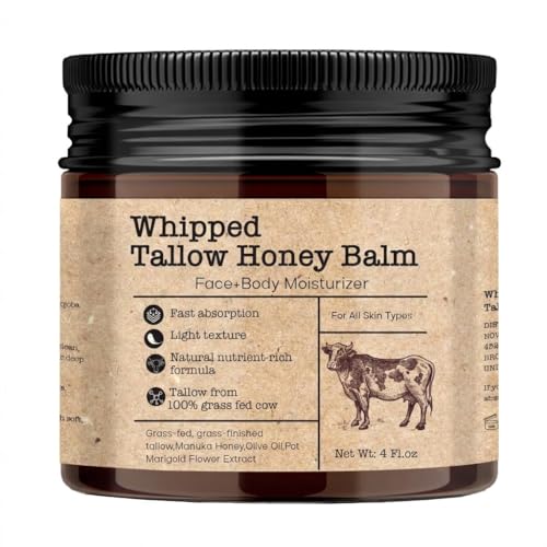 Image of Beef Tallow Honey Balm for Sensitive Skin: Grass-Fed Whipped Tallow Moisturizer with Manuka Honey, Olive Oil, Jojoba Oil & Vitamin E, Non-Greasy Face and Body Cream for Daily Moisture, 4 oz