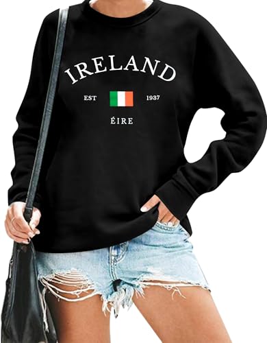 VILOVE St. Patricks Day Sweatshirt Women: Shamrock Sweatshirt Lucky Pullover Funny Luck Long Sleeve Tops Black