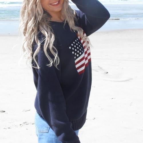 Image of Women's American Flag Sweater Vintage Star Print Long Sleeve Crew Neck Sweater Top 4th of July Knit Top