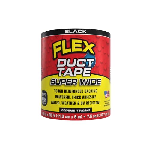 Flex Duct Tape, Super Wide, 4.6 Inches x 20 Feet, Black, Heavy Duty Strong, Multi-Surface, Water, Weather and UV Resistant, Tearable, Perfect for Boxes, No Residue