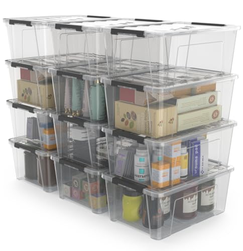 Image of WYT 12 Pack Small 5-Quart Clear Plastic Storage Bins with Lids and Latch Buckles, Storage Organizer Container with Handle