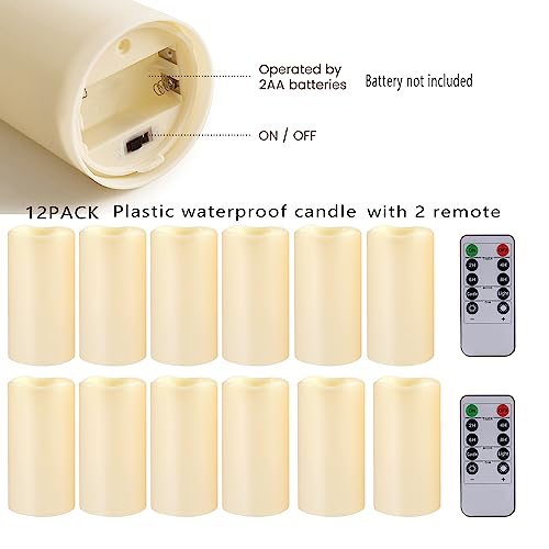 Image of 12PACK Waterproof Flameless Candles with Remote Control Candle, Battery Operated Flickering LED Pillar Candle Plastic,Large Size(D3 x H5.5) for Outdoor /Indoor Decoration Wedding, Party, Birthday