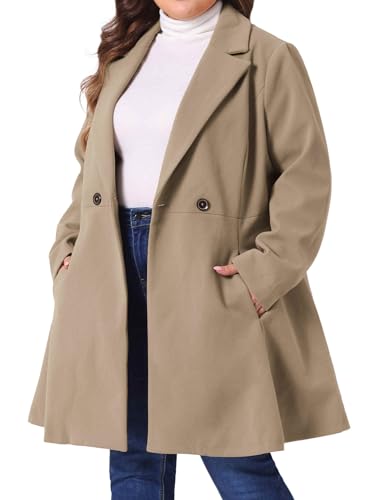 Image of Agnes Orinda Plus Size Peacoat for Women Elegant Notched Lapel Double Breasted Long Trench Coat 2X Khaki