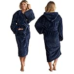 OHS Ribbed Fleece Dressing Gown Womens, Mothers Day Gifts Bathrobe with Hood & Pockets Soft Warm Comfy Luxury Oversized Fluffy Ladies Dressing Gowns, Navy One Size