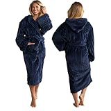 OHS Womens Ribbed Fleece Dressing Gown, Super Soft Warm Comfy Hooded Oversized Fleece Bath Robe with Pockets Luxurious Navy Dressing Gown For Adults, One Size