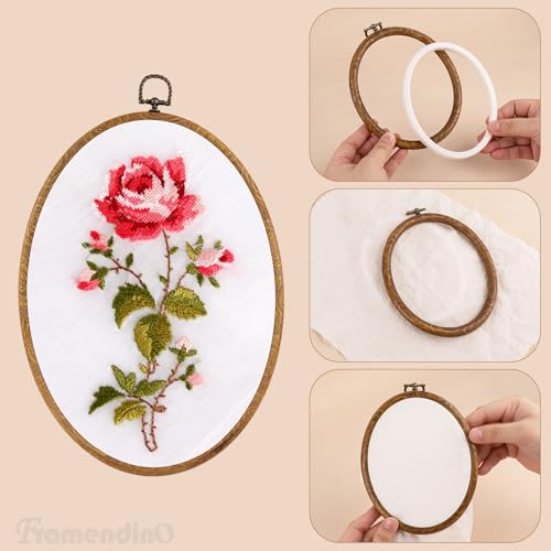 Image of Framendino, 5 Pack Embroidery Hoops 5 Sizes Imitated Wood Display Frame Oval Cross Stitch Ring for Hanging Ornaments