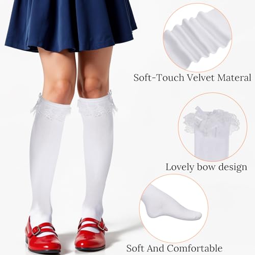 White Knee High Socks with Bow, Women's Soft Cotton Lace Ruffle Socks Over the Knee Tube High Stockings Cute Solid Color Lace Ruffle Bow Girls for Girls and Women3