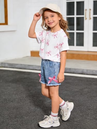Image of Azmxynol Kid Girls Clothes Outfits Bowknot T-Shirt + 2 In 1 Denim Short Skort Summer Clothing Set, Size 4-10 Years