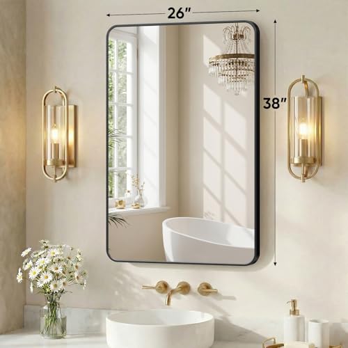 Image of Sweetcrispy Bathroom Mirror for Over Sink, 26x38 Inch Wall Mount Mirror with a Rounded Rectangle and Matte Metal Frame, Modern Wall Vanity Mirrors for Home Decor, Living Room, Bedroom, Black