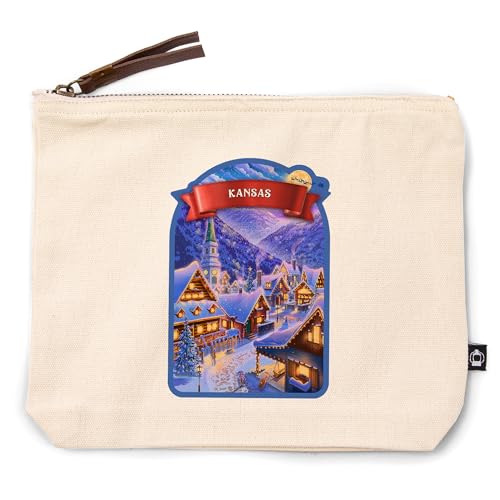 Kansas, Sleepy Winter Village, 100% Cotton Zipper Pouch, Travel Accessory, Go Bag
