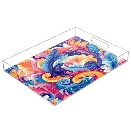 Msyxl Colorful Leaves Serving Tray for Coffee Table, Decorative Acrylic Tray Colorful Leaves Tray with with Handles for Breakfast, Ottoman, Countertop, 12x16 in