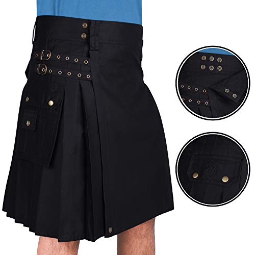 Cotton Jeans Utility Kilt for Men with Cargo Pockets-Black Cotton Kilt for Men4