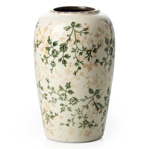 Image of Ceramic Flower Vase | Farmhouse Green Rustic Vase for Home Decor, Vintage Floral Pottery Tuscan Decorative Vase for Living Room & Kitchen, Mantel & Bookshelf, Centerpieces, Entryway, Wedding(8.5 Inch)