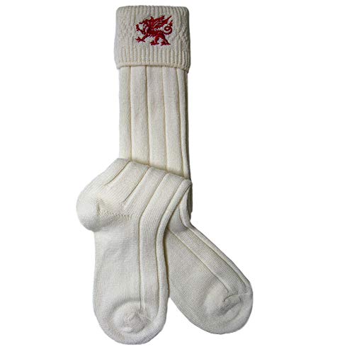 W. Brewin - Chaussettes hautes de kilt - homme - broderie dragon rouge gallois - écru - 39-42 Cover