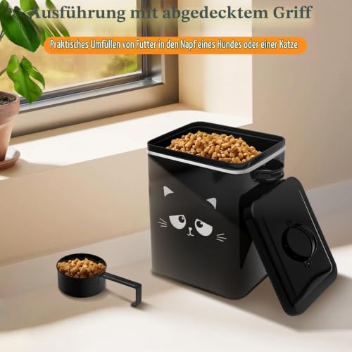 SUPPUIMNT Katzenfutter Aufbewahrung aus Metall mit 6 Liter, Fassungsvermögen inkl Schaufel und luftdichtem Deckel,für Trockenfutter (Farbe: Schwarz)