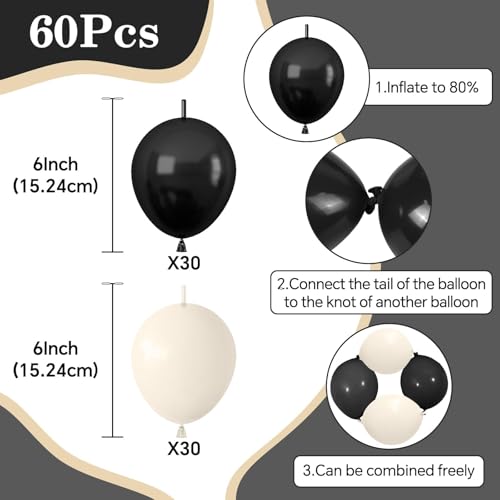 Image of Black White Link Balloons,60Pcs 6Inch Sand White Black Latex Linking Balloons for Birthday Baby Shower Wedding Anniversary Party Decorations