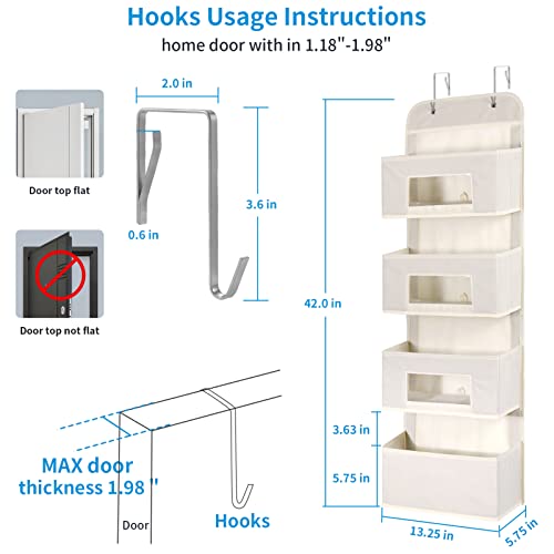 4-Shelf Over The Door Hanging Organizer With 2 Metal Hooks，4 Pocket Over The Door Wall Mount Storage With Clear Windows For Baby Nursery Bathroom Closet,Bedroom,Dorm,Baby Diapers,Kids Toys (Beige) #TOP1