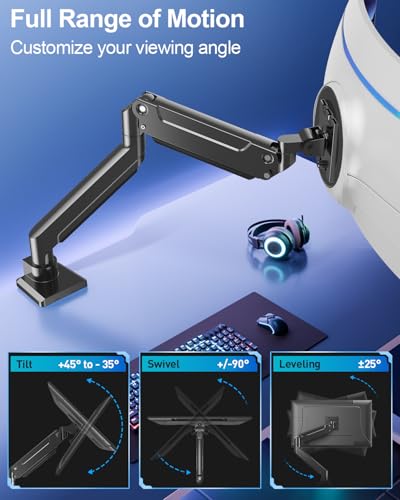 Image of MOUNT PRO Heavy Duty Monitor Arm for Max 49 Inch Ultrawide Screens up to 44 lbs, Aluminum Premium Single Monitor Mount for Samsung Odyssey G9 and More, Adjustable Display Desk Stand, VESA 100x100mm