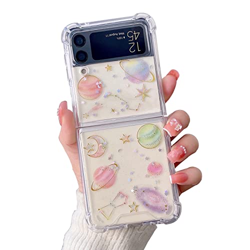 Omio Designed for Samsung Galaxy Z Flip 4 Case Glitter for Women Girls, Bling Planet Stars Shiny Sparkle Cute Clear Soft Rubber Shockproof Phone Cover for Galaxy Z Flip 4 Pink