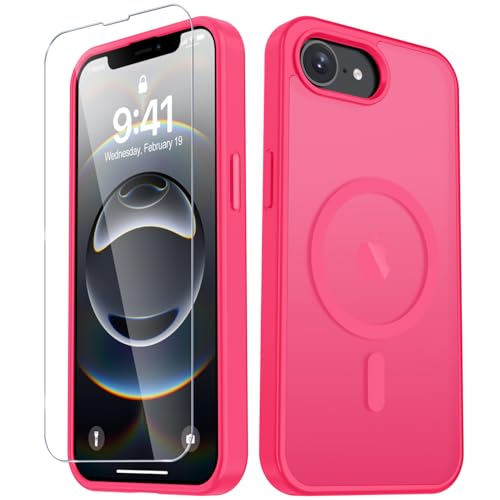 Image of YENAPOON for iPhone 17e Case, iPhone 16e Case, Matte Magnetic Phone Cover [with 1 Screen Protector] [Support for MagSafe] [Shockproof Military Grade Protection] Translucent Frosted Back, Hot Pink