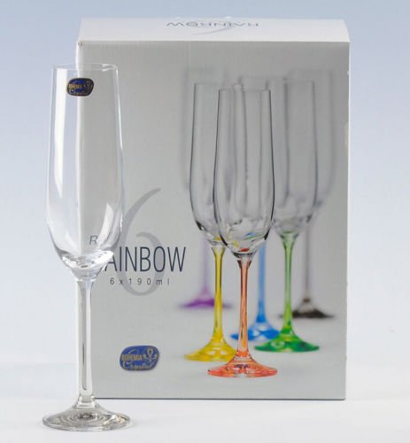 Bohemian Crystal Rainbow Set of 6 Champagne Flutes Crystal Glasses 6.5 Oz Each Stem Different Color Czech Republic