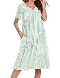 Ekouaer Nightgowns for Women Short Sleeve House Dress with Pockets Soft Moomoo Pleated Mumu Dresses V Neck Sleepwear