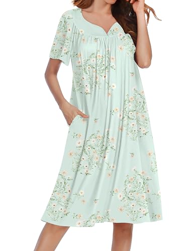 Ekouaer Nightgowns for Women Short Sleeve House Dress with Pockets Soft Moomoo Pleated Mumu Dresses V Neck Sleepwear
