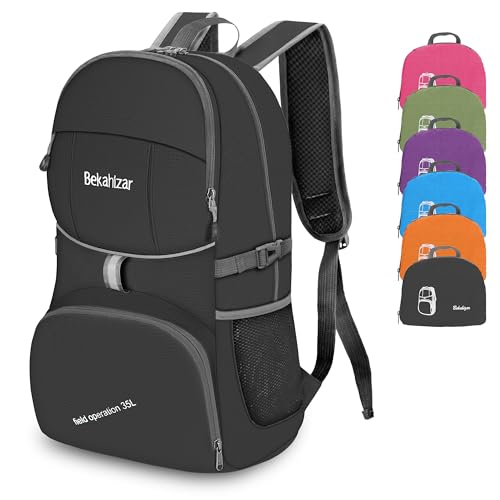 Bekahizar 35L Lightweight Backpack Foldable Hiking Daypack Packable Travel Day Bag for Men Women Outdoor Walking Camping (Black)