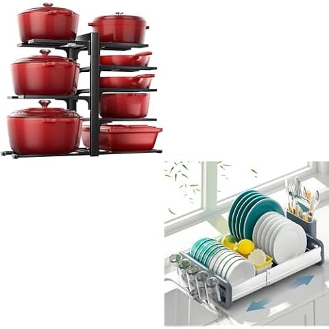 ORDORA 8-Tier Heavy Duty Pots Pans Organizer Rack under Cabinet and Multifunctional Dish Rack for Kitchen Counter Bundle Cover