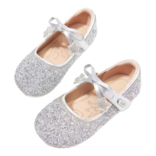 Girls Glitter Mary Jane Flats, Silver Sparkle Ballet Shoes with Star Bow, Slip-On3
